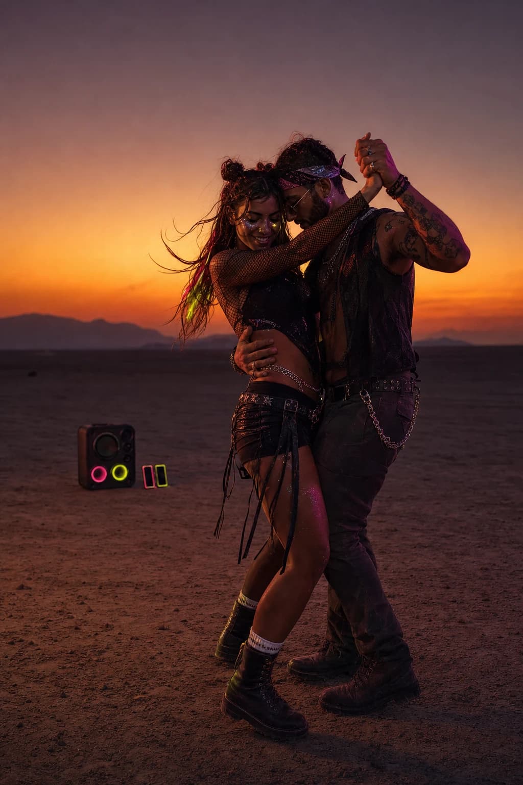 A couple dancing together in the desert at sunset with a speaker nearby