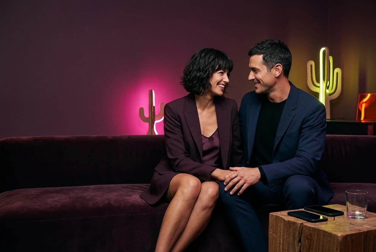 A couple laughing together on a sofa with their phones set aside