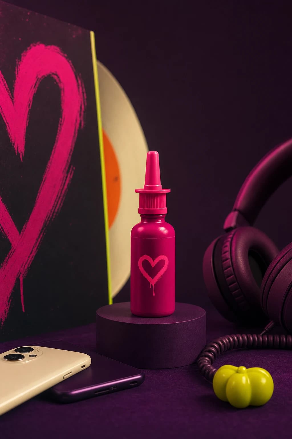 A vivid magenta Cupid Riot concept bottle beside headphones and phones set down